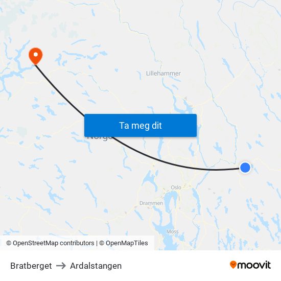 Bratberget to Ardalstangen map