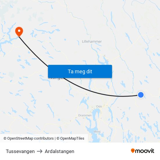 Tussevangen to Ardalstangen map