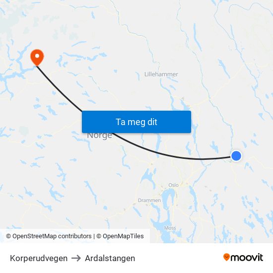Korperudvegen to Ardalstangen map