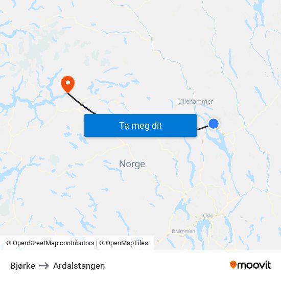 Bjørke to Ardalstangen map