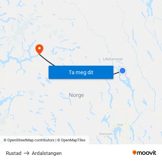 Rustad to Ardalstangen map