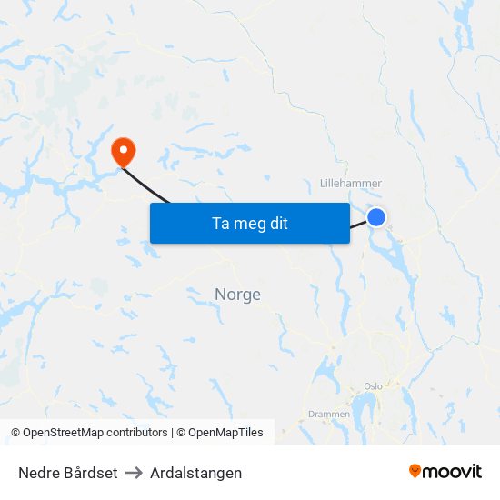 Nedre Bårdset to Ardalstangen map