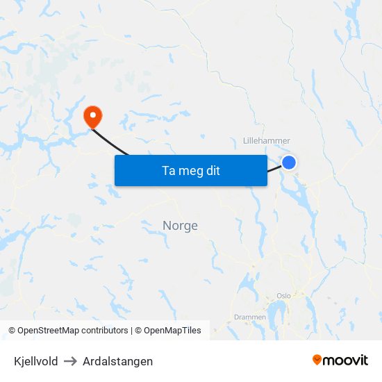 Kjellvold to Ardalstangen map