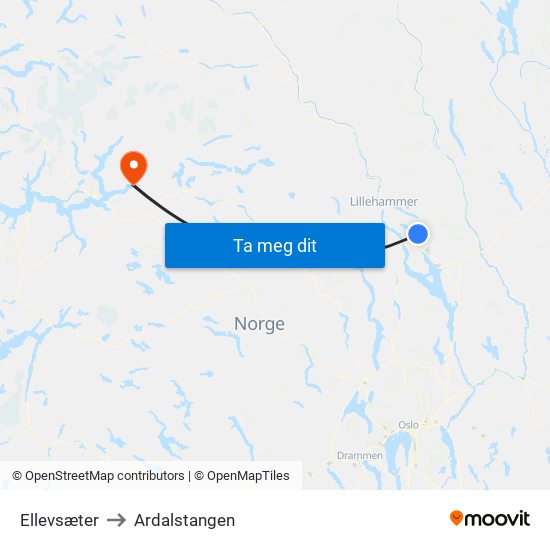 Ellevsæter to Ardalstangen map