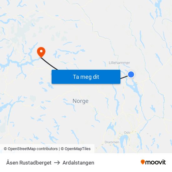 Åsen Rustadberget to Ardalstangen map