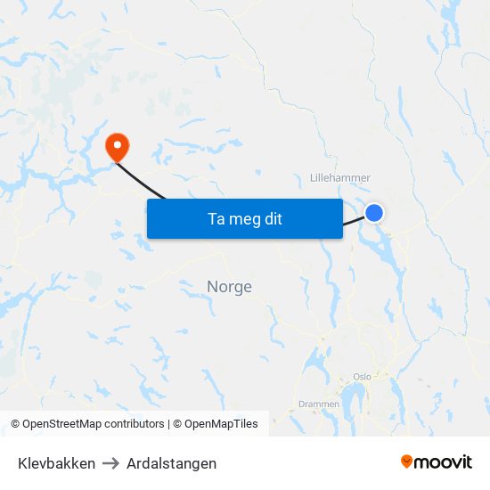 Klevbakken to Ardalstangen map