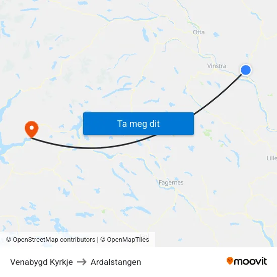 Venabygd Kyrkje to Ardalstangen map