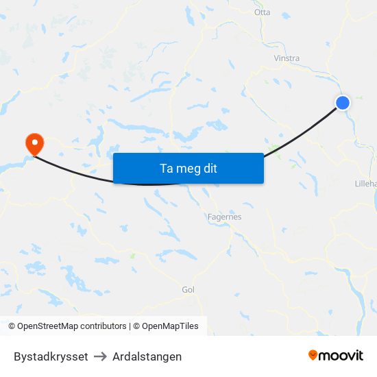 Bystadkrysset to Ardalstangen map