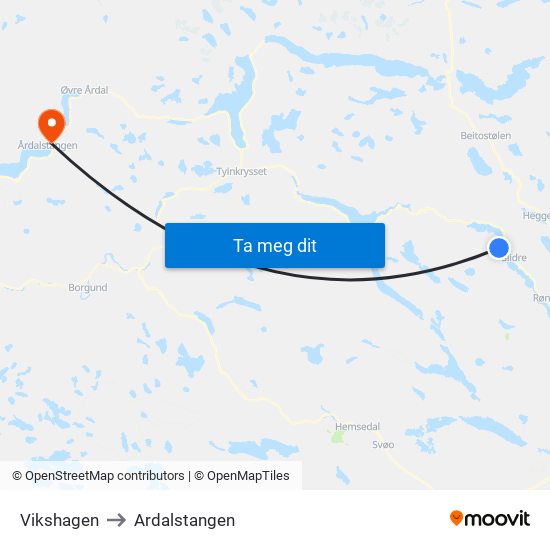 Vikshagen to Ardalstangen map