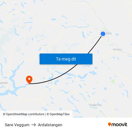 Søre Veggum to Ardalstangen map