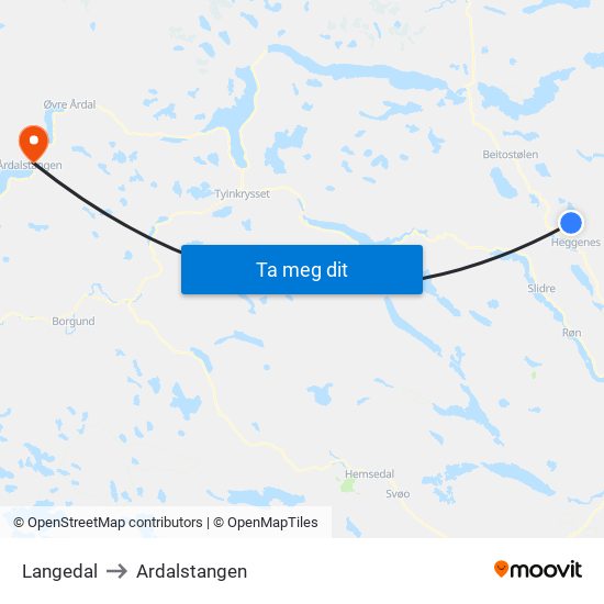 Langedal to Ardalstangen map