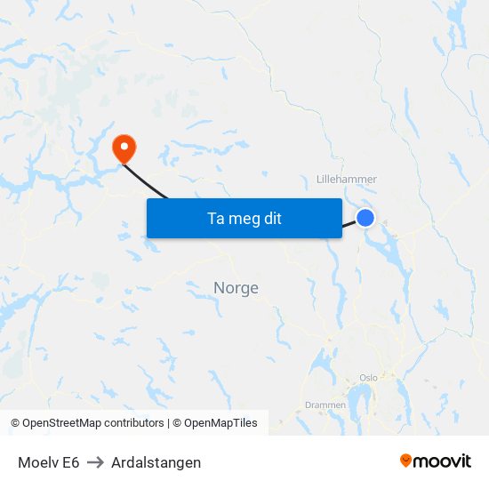 Moelv E6 to Ardalstangen map