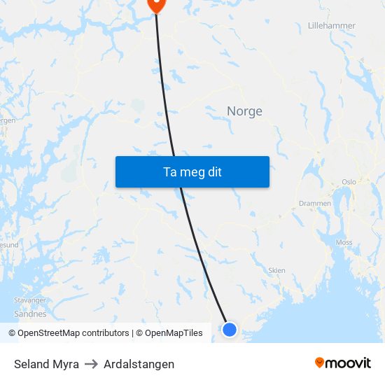 Seland Myra to Ardalstangen map