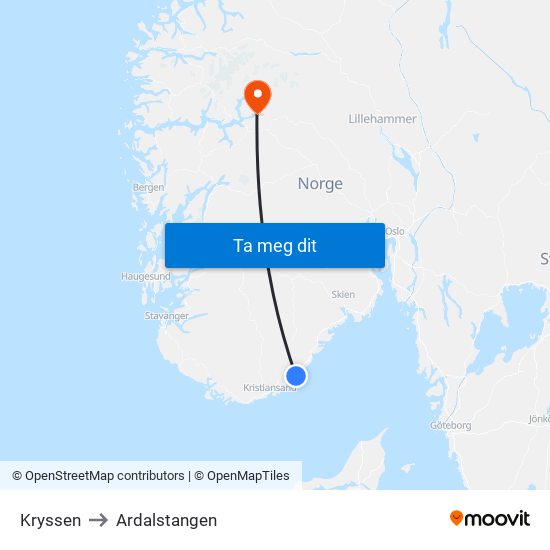 Kryssen to Ardalstangen map