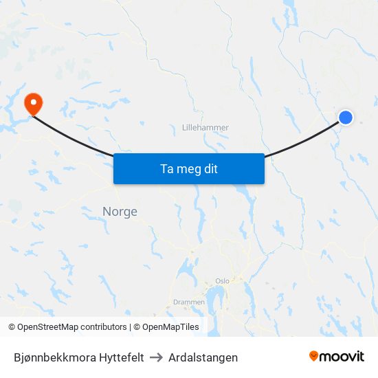 Bjønnbekkmora Hyttefelt to Ardalstangen map