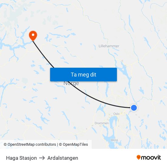 Haga Stasjon to Ardalstangen map