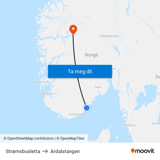 Strømsbusletta to Ardalstangen map