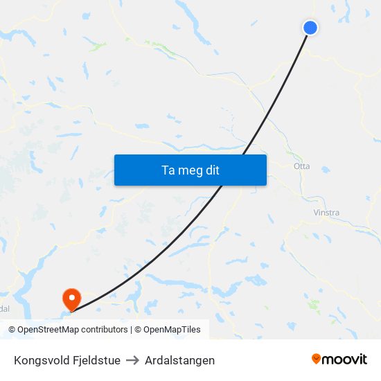 Kongsvold Fjeldstue to Ardalstangen map