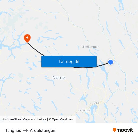 Tangnes to Ardalstangen map