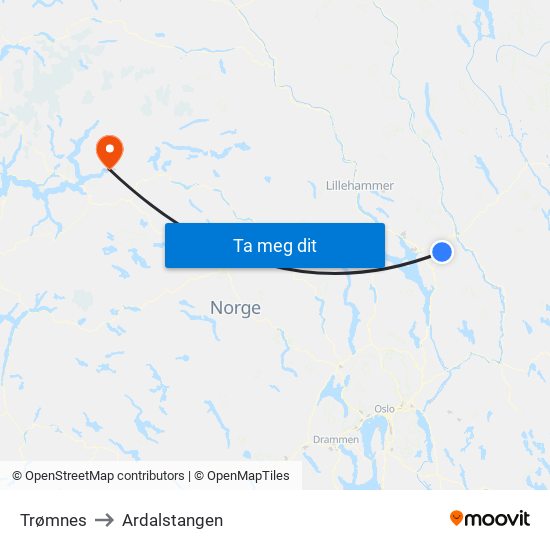 Trømnes to Ardalstangen map