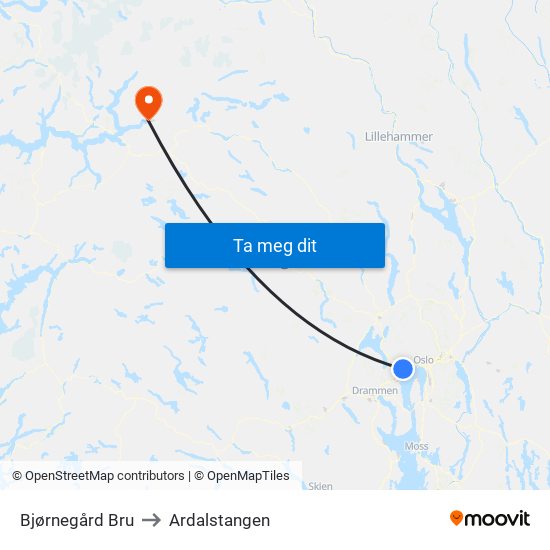 Bjørnegård Bru to Ardalstangen map