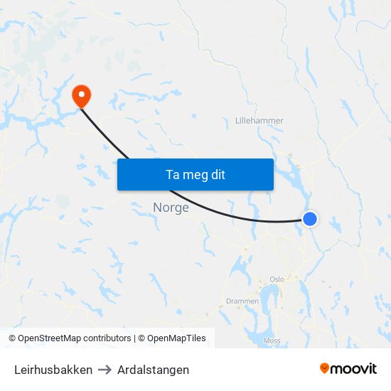 Leirhusbakken to Ardalstangen map
