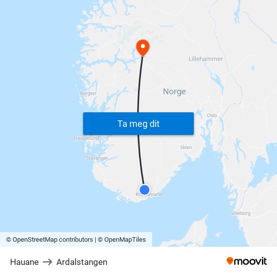 Hauane to Ardalstangen map