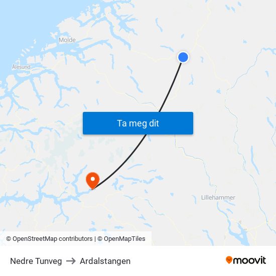 Nedre Tunveg to Ardalstangen map