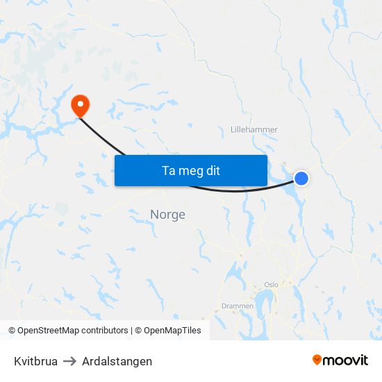 Kvitbrua to Ardalstangen map