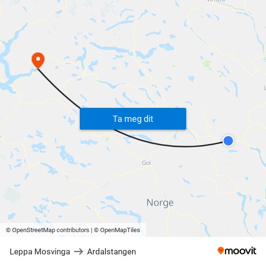 Leppa Mosvinga to Ardalstangen map