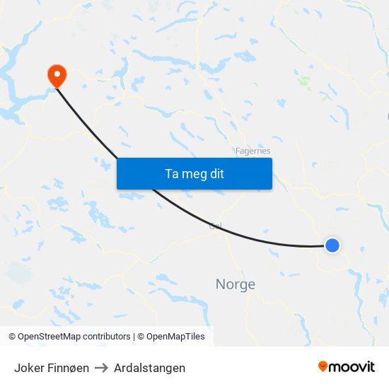 Joker Finnøen to Ardalstangen map