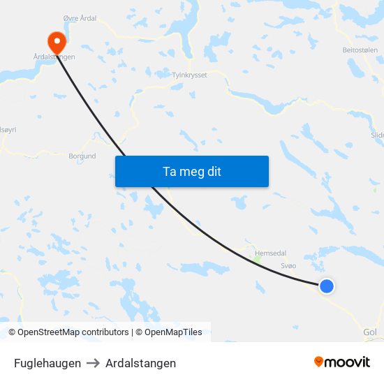Fuglehaugen to Ardalstangen map