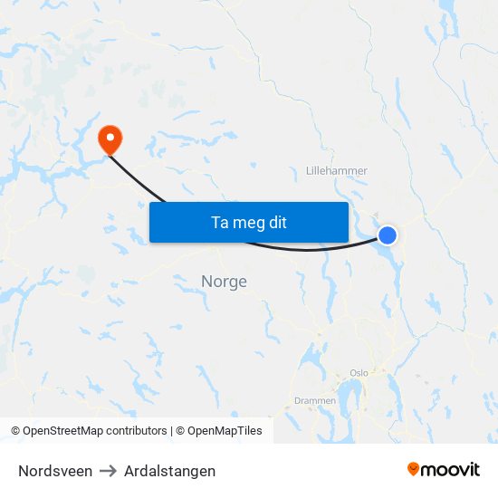 Nordsveen to Ardalstangen map