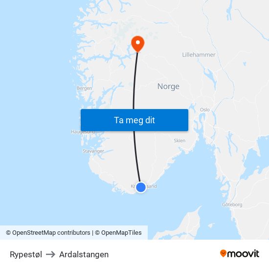 Rypestøl to Ardalstangen map