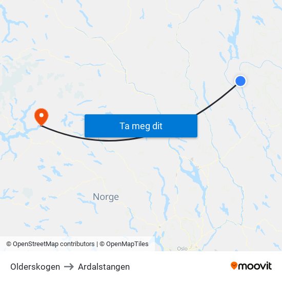 Olderskogen to Ardalstangen map