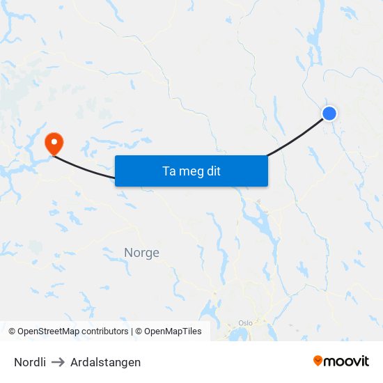 Nordli to Ardalstangen map