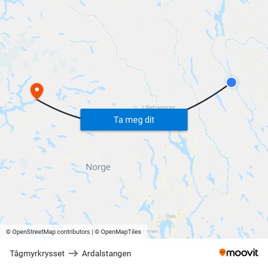 Tågmyrkrysset to Ardalstangen map