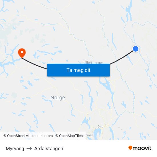 Myrvang to Ardalstangen map