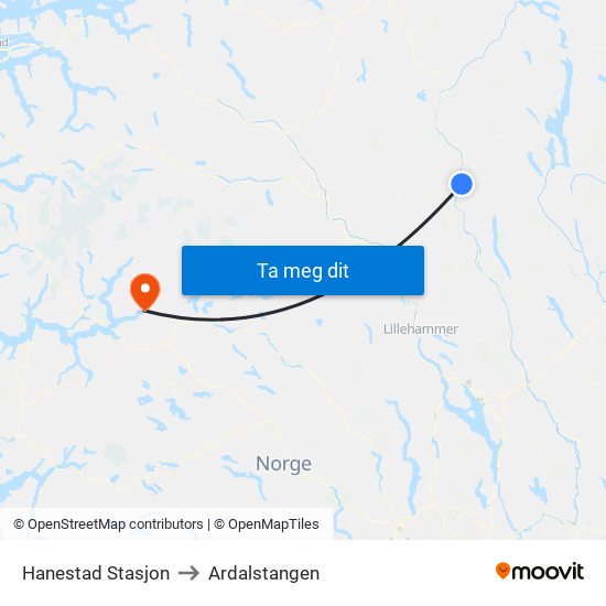 Hanestad Stasjon to Ardalstangen map