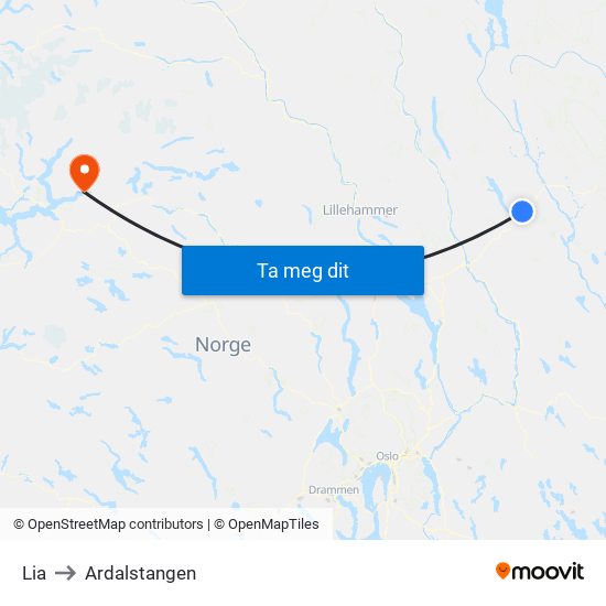 Lia to Ardalstangen map