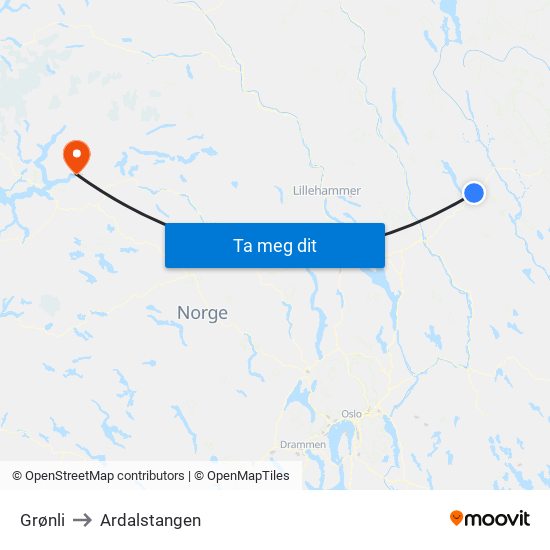 Grønli to Ardalstangen map