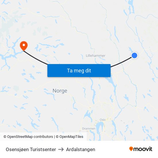 Osensjøen Turistsenter to Ardalstangen map