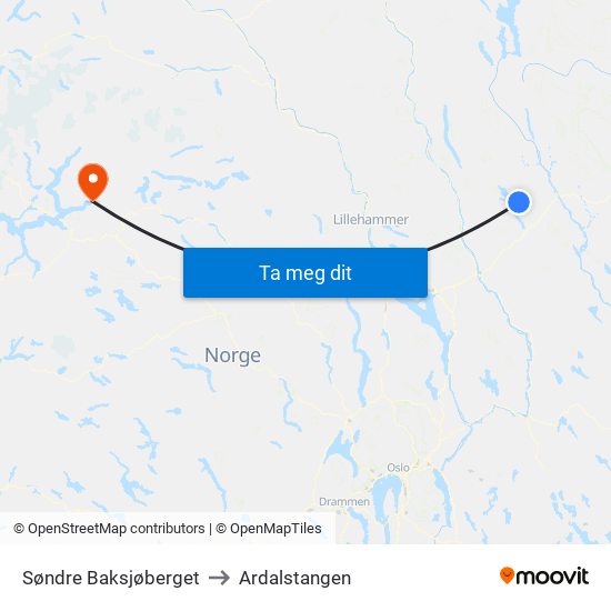 Søndre Baksjøberget to Ardalstangen map