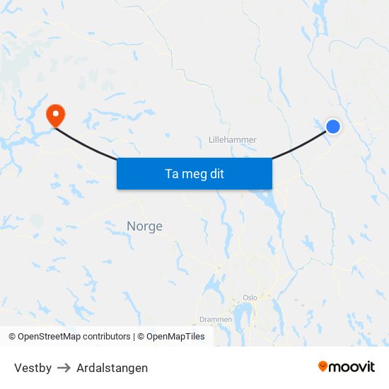 Vestby to Ardalstangen map