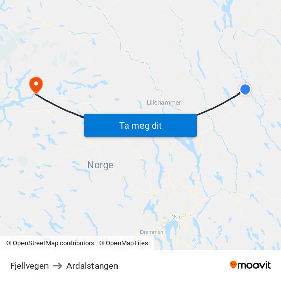 Fjellvegen to Ardalstangen map