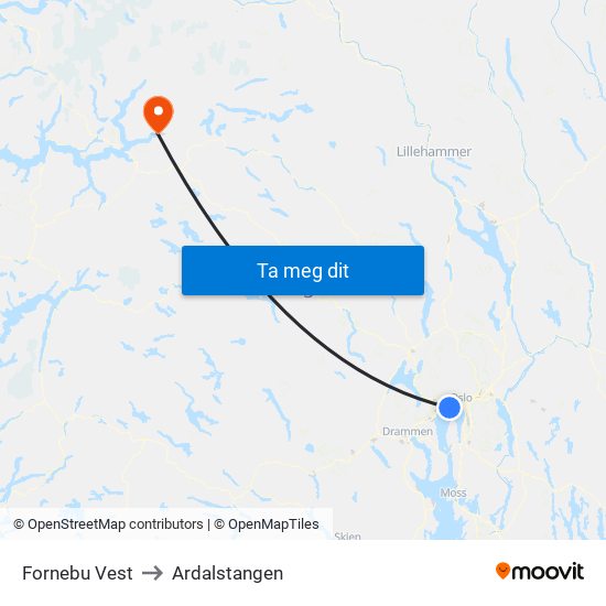 Fornebu Vest to Ardalstangen map