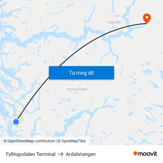 Fyllingsdalen Terminal to Ardalstangen map