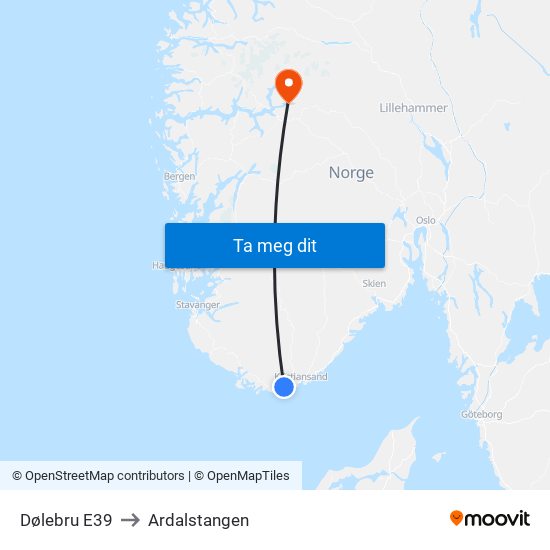 Dølebru E39 to Ardalstangen map