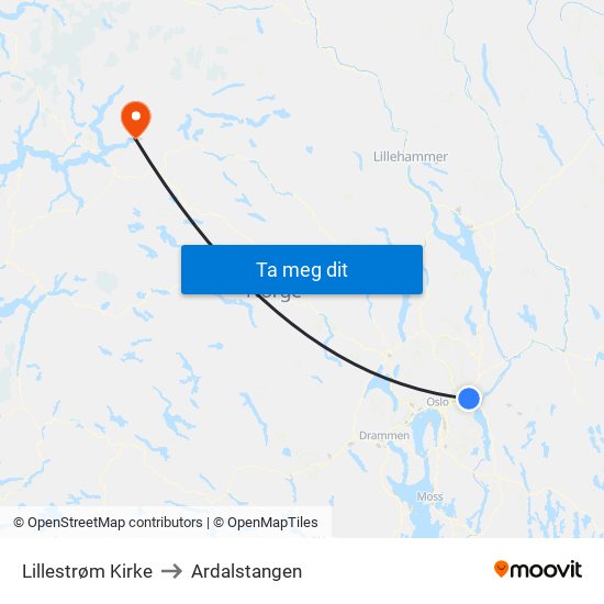 Lillestrøm Kirke to Ardalstangen map