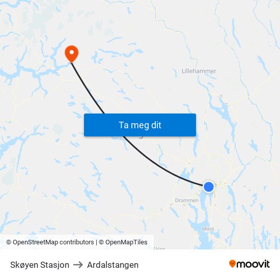 Skøyen Stasjon to Ardalstangen map